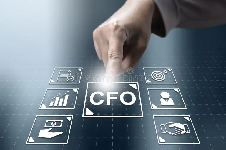 A hand selecting a CFO icon surrounded by reporting, growth and partnership icons, representing the full scope of a fractional CFO engagement